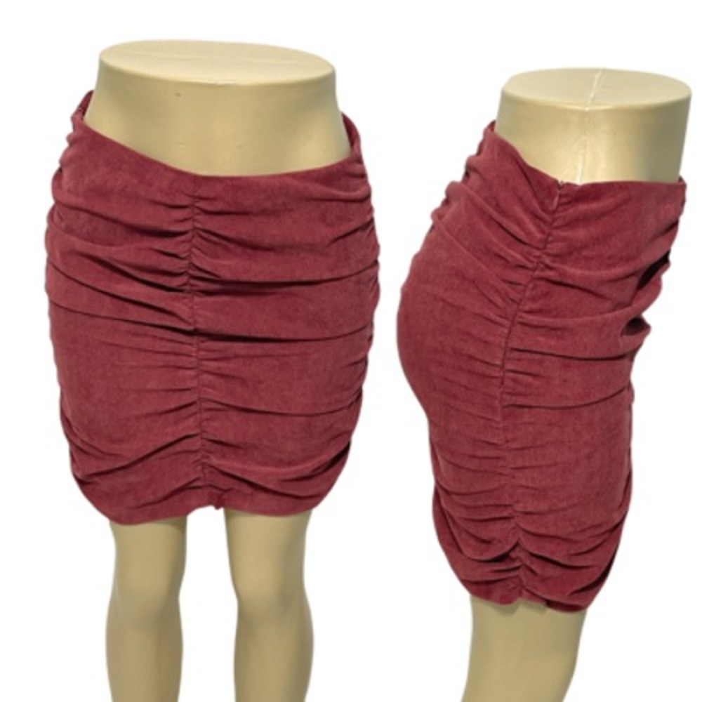 Zara Draped Corduroy Ruched Mini Skirt Dusty Burgundy Red Womens Medium NWT